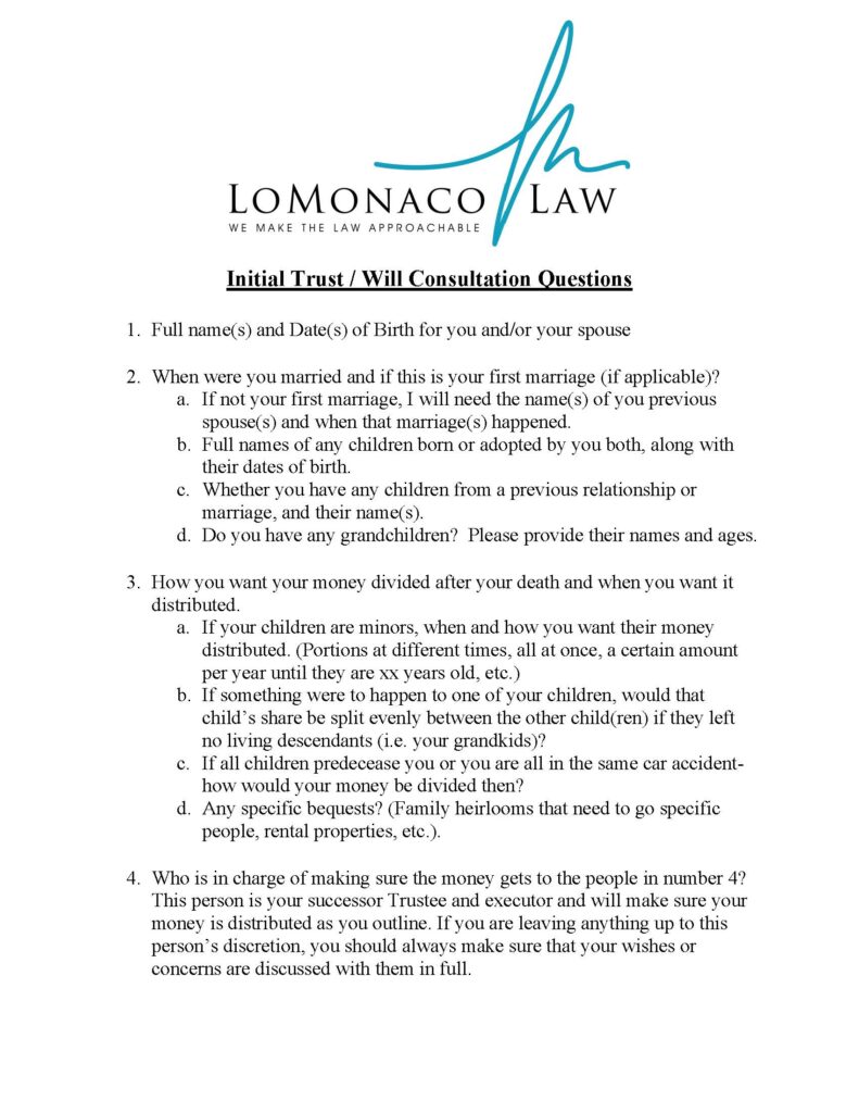 LoMonaco Law Estate Planning Initial Consultation Questions